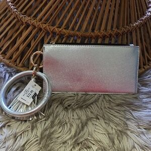 Silver Metallic Wristlet Clutch with Keyring